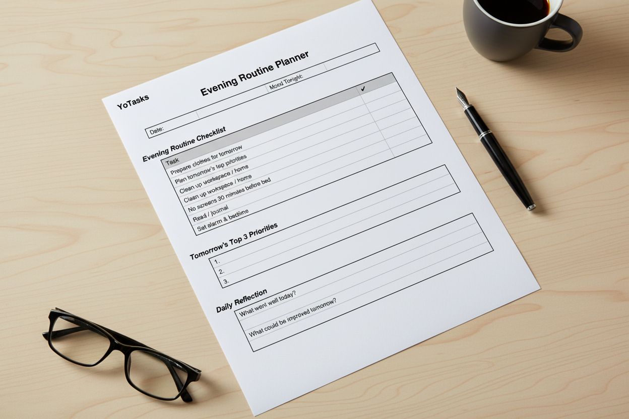 Evening Routine Planner Printable | Night Routine Checklist PDF | Daily Reflection Worksheet